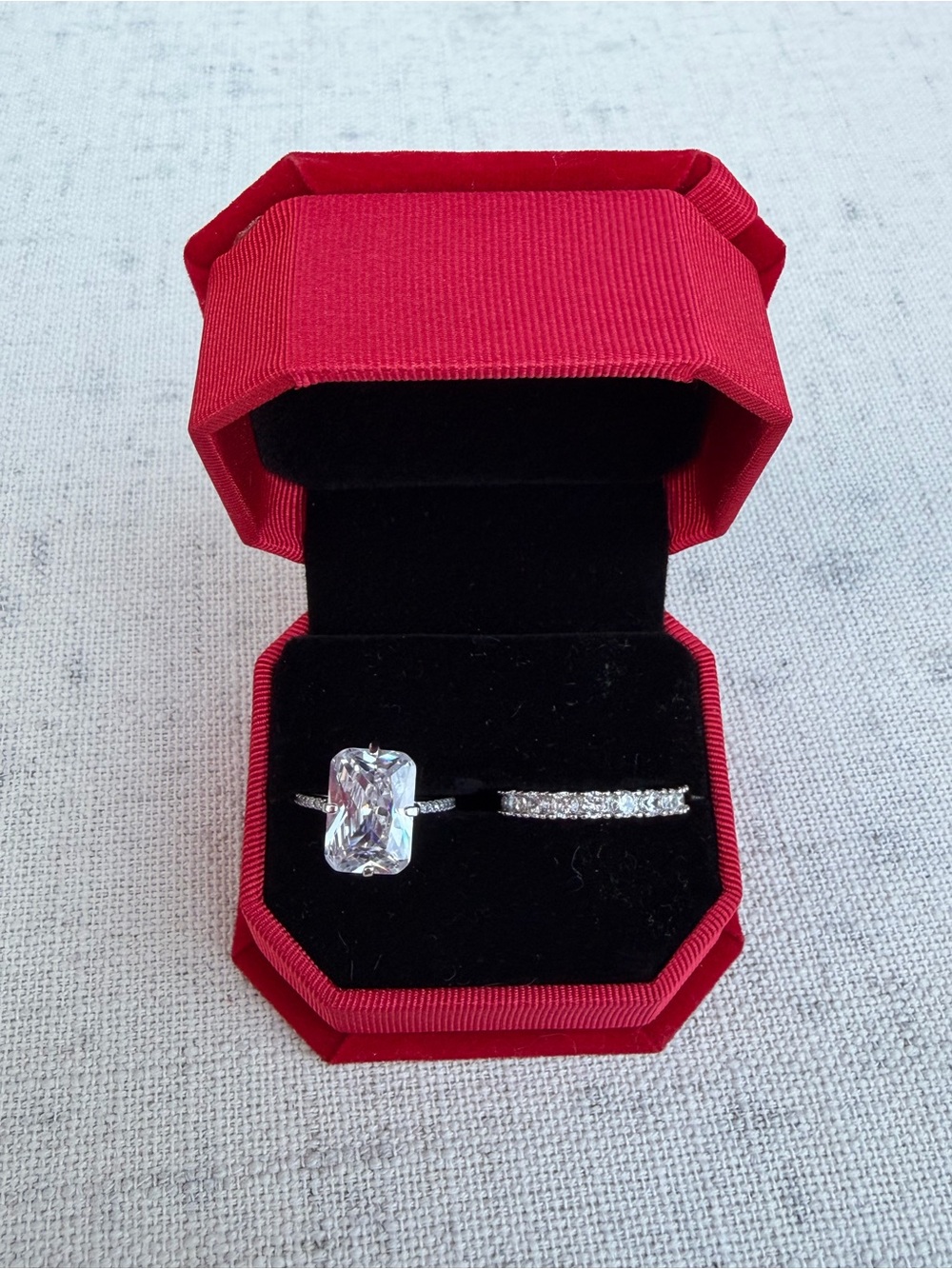 Silver Cubic Zirconia Cushion-Cut Engagement Ring Set in Red Box